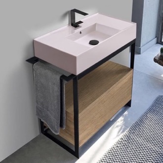 Console Bathroom Vanity Pink Sink Bathroom Vanity, Floor Standing, Natural Brown Oak, Modern, 35